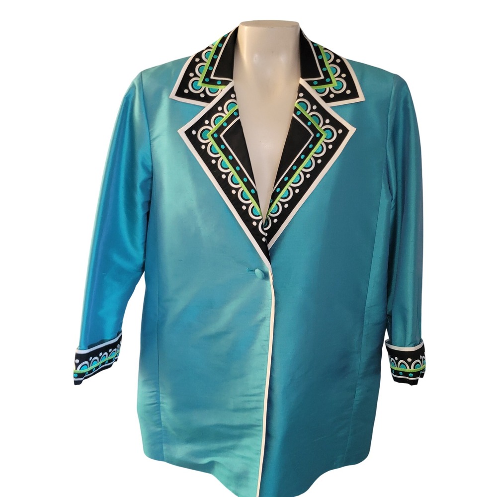 Bob Mackie Wearable Art Teal Silk Embellished Blazer Jacket Womens M Designer